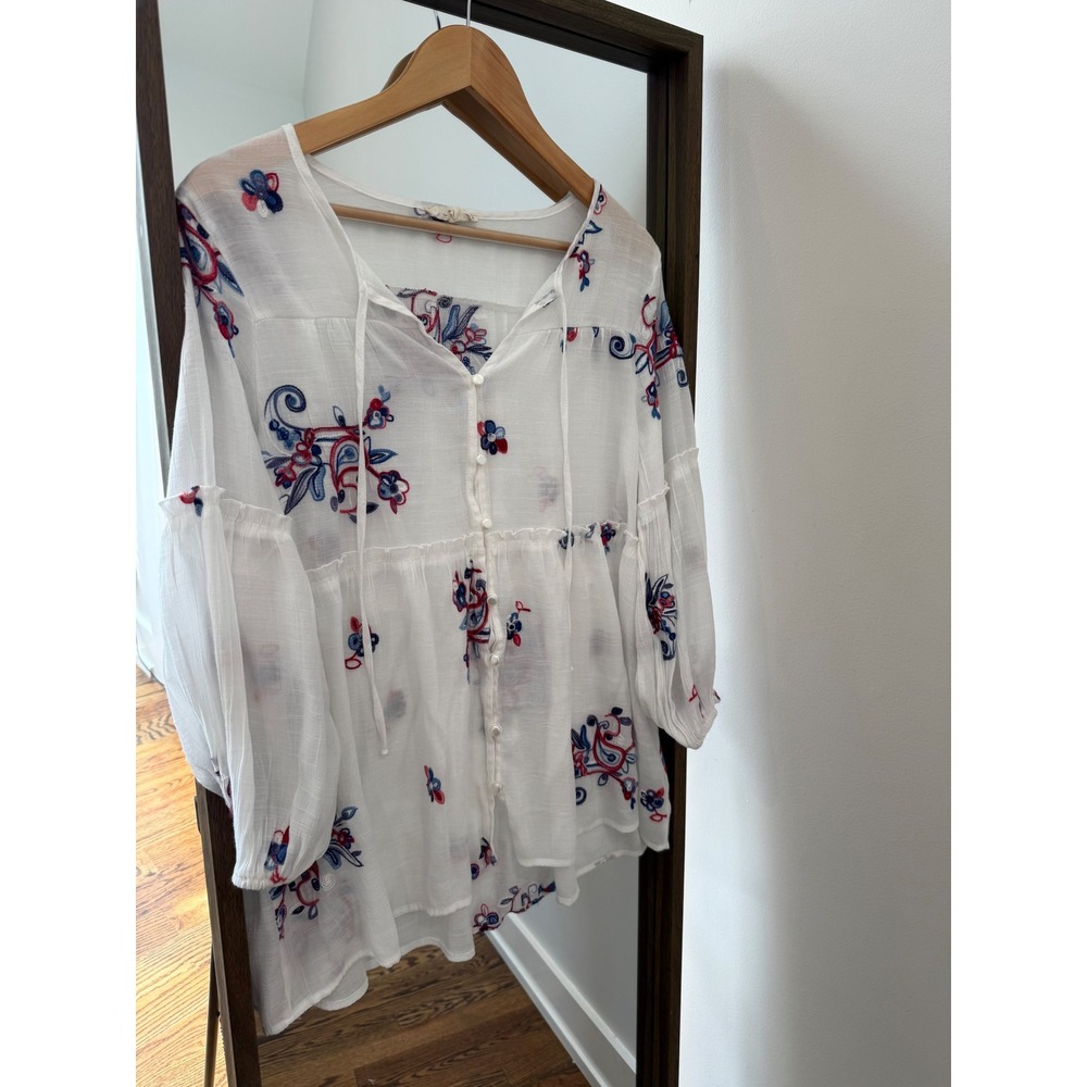 Hope Springs White Embroidered Boho Peasant Blouse Babydoll Top Large L Sheet